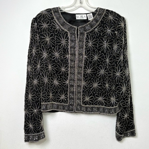 Scala Jackets & Blazers - SCALA Embroidered Silk Formal Evening Jacket Silver Floral Beading